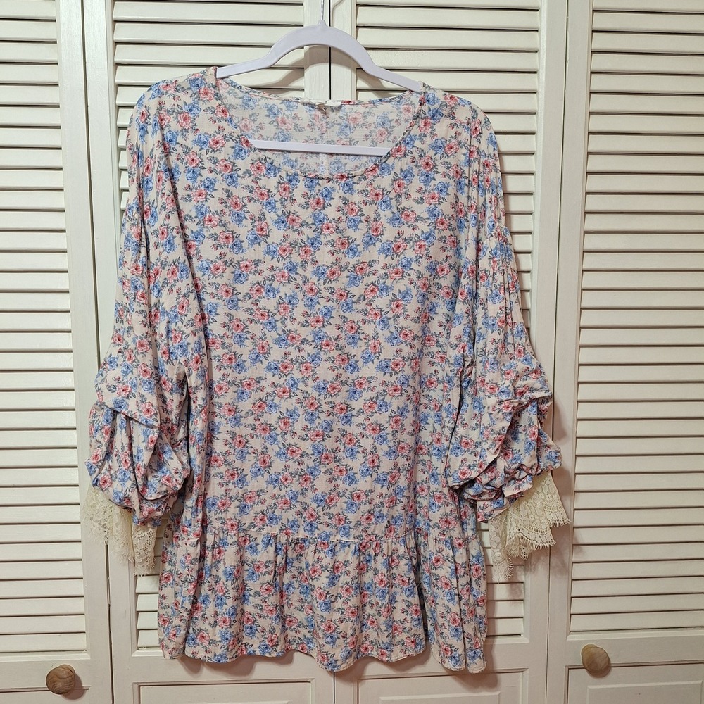 Easel Los Angeles Floral Babydoll Top Pink Blue Rose Lace Ruffle Sleeve Size M